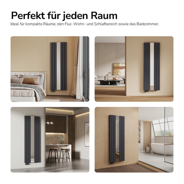 Vertikaler Design-Heizkörper mit integriertem Spiegel in vier verschiedenen Wohnbereichen wie Schlafzimmer, Wohnzimmer, Küche und Badezimmer.