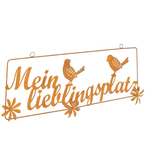 Dekoratives Metallschild in Rostoptik mit dem Schriftzug Mein Lieblingsplatz, zwei Vögeln und drei Blüten zum Aufhängen.