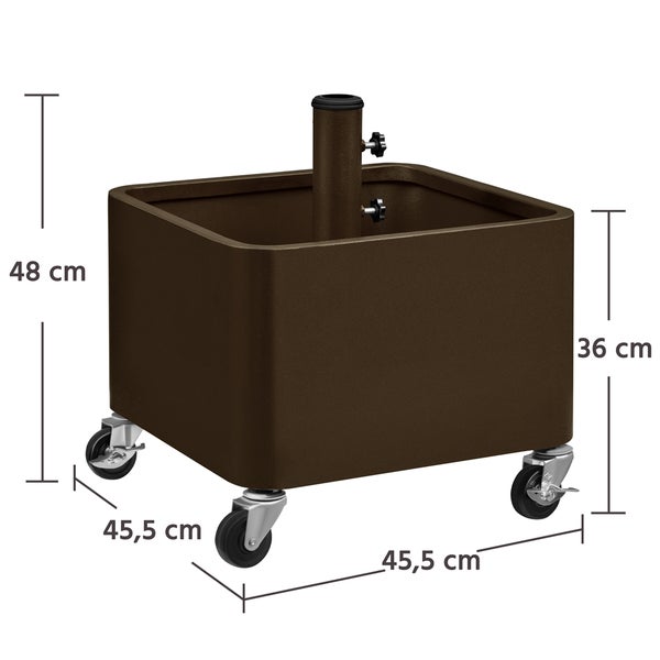 Quadratischer Sonnenschirmständer mit Rollen und den Maßen 48 cm Höhe, 45,5 cm Breite und 36 cm Tiefe.
