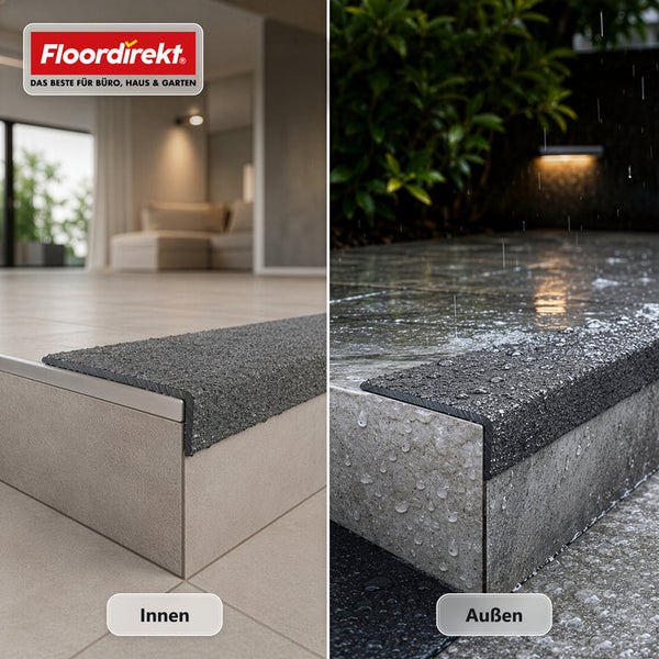 Floordirekt Logo, rutschfeste Treppenkantenprofile aus Gummi für den Innen- und Außenbereich zur Montage auf Fliesenstufen.