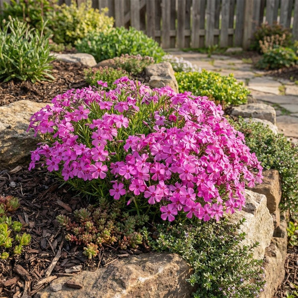 Polsterphlox mit pinken Blüten in einem Steingarten mit Mulch, Steinen und Sukkulenten.