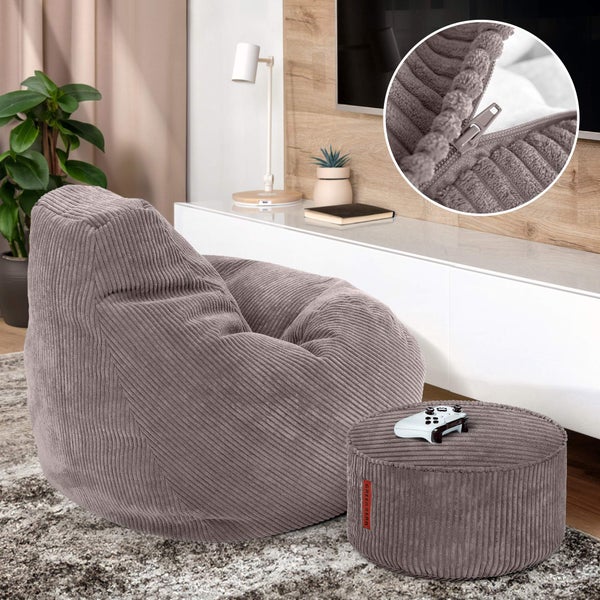 Green Bean Sitzsack mit Hocker aus Cord - Sitzsäcke für das Wohnzimmer, Schlafzimmer, Sitzsack-Sessel für Erwachsene Hellgrau
