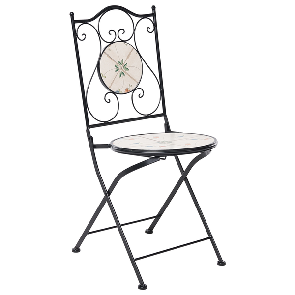 Klappstuhl aus Metall mit Mosaik auf der Rückenlehne und Sitzfläche.