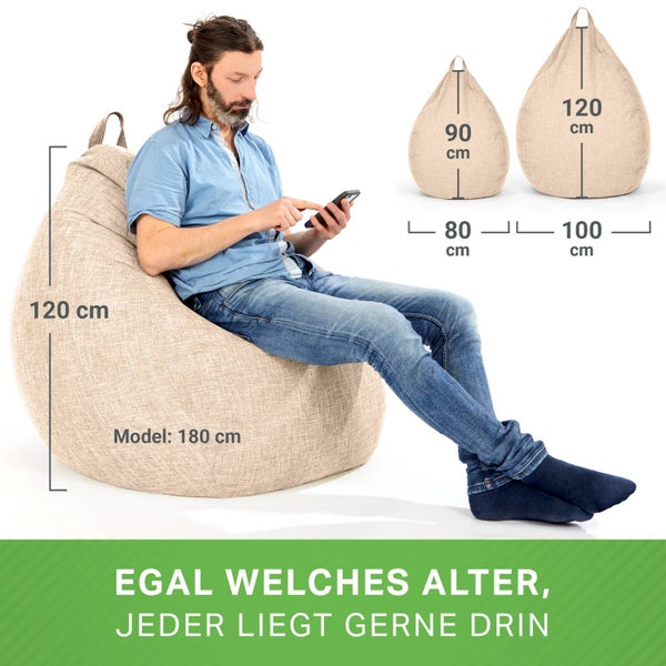 Green Bean Indoor Sitzsack mit 200 Liter mit EPS-Perlen Füllung Kuschelig Weich Waschbar - Drinnen Stoff Bodenkissen Liegekissen Sitzkissen Lounge - Sand Creme