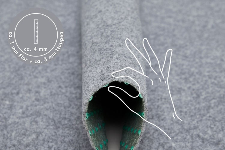 Nahaufnahme eines Nadelfilzteppichs mit Noppen, Gesamthöhe circa 4 Millimeter, Flor circa 1 Millimeter, Noppen circa 3 Millimeter.