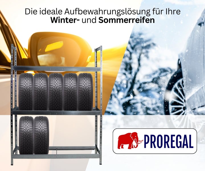 PROREGAL Logo. Stabiles Metall-Reifenregal mit Reifen vor einem Hintergrund mit Sommer- und Winterszenen als Aufbewahrungslösung für Reifen.