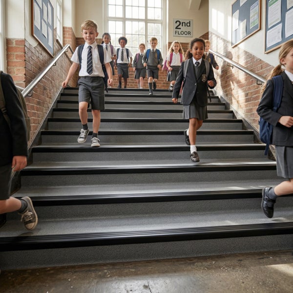 Schüler in Schuluniformen gehen eine Treppe in einem Schulgebäude hinunter, die mit rutschfesten Treppenprofilen ausgestattet ist.