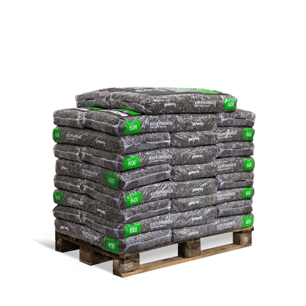 Palette mit mehreren Säcken Galanlo Kiefernrinde, 60 Liter pro Sack.