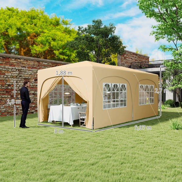 Outsunny Pavillon ca. 3x6m, wasserabweisend Stabil Winterfest Pop-up Faltpavillon, UV Schutz 50+, Faltbar Partyzelt Gartenzelt mit 6 Seitenteilen Tasche Gartenpavillon für Camping Garten, Sand