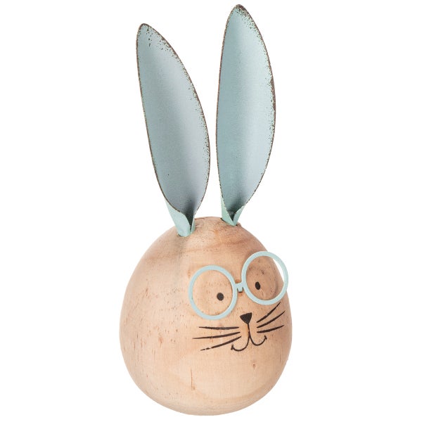 Dekorativer Osterhase aus Holz mit Brille und Metallohren