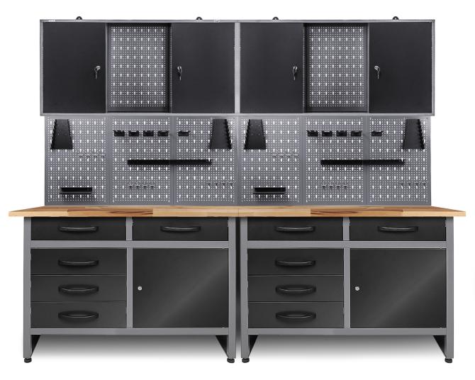 Werkbank mit Schubladen, Schränken und Lochwand