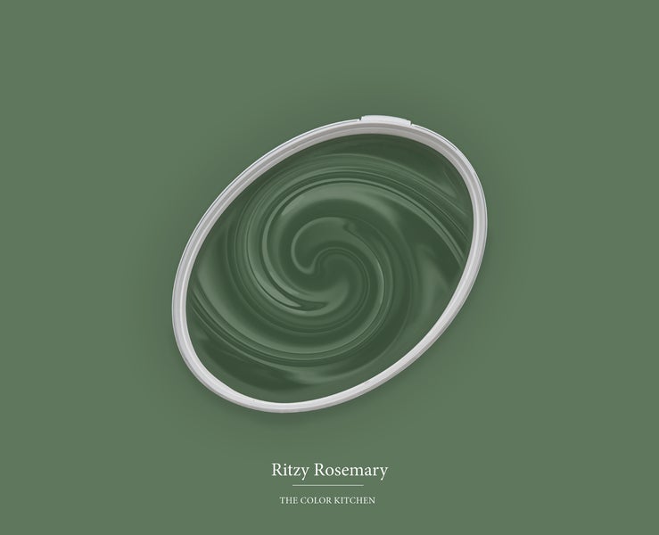 Wandfarbe The Color Kitchen im Farbton Ritzy Rosemary, Draufsicht auf einen Farbeimer mit grünem Farbwirbel.