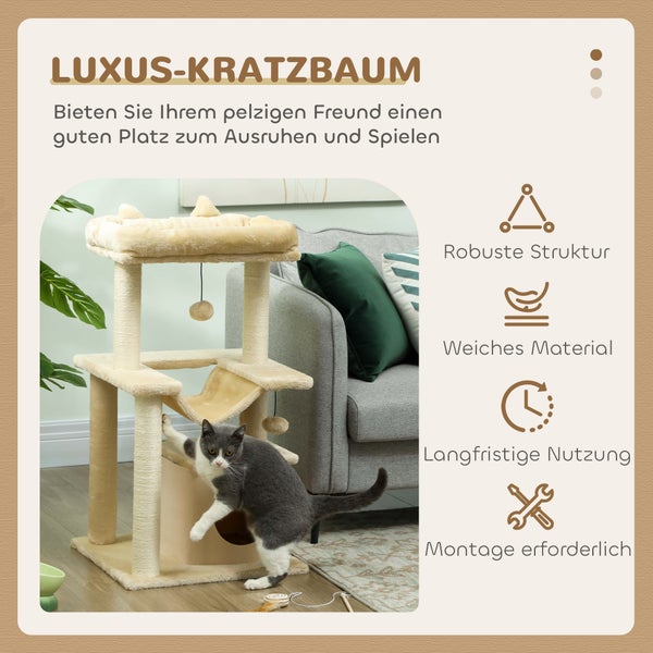 PawHut Katzenbaum 90 cm Kratzbaum mit Hängematte Spielbaum Katzenhöhle Plattformen Kletterbaum Katzenkratzbaum Aktivitätskratzbäum Plüsch Sisal Creme