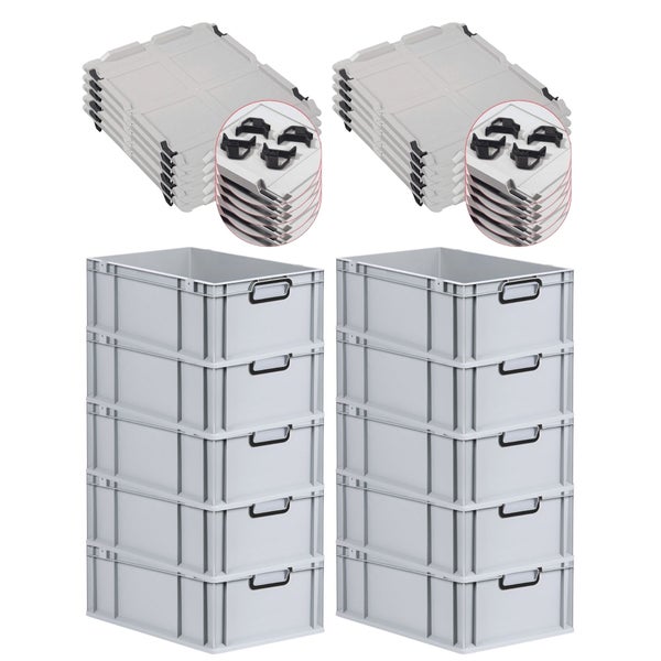 PROREGAL SparSet 10x Eurobox NextGen Color mit Auflagedeckel und Schiebeschnappverschlüsse, HxBxT 22x40x60cm, 44 Liter, Grau, Griffe schwarz geschlossen, Verstärkter Boden, Eurobehälter, Transportbox, Transportbehälter, Stapelbehälter
