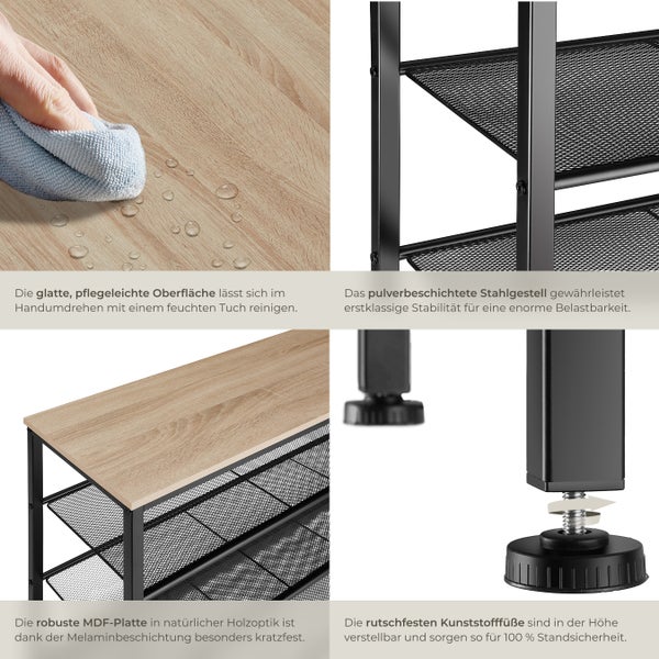 Details eines Regals mit einer MDF-Platte mit Holzoptik, einem pulverbeschichteten Stahlgestell und verstellbaren Kunststofffüßen