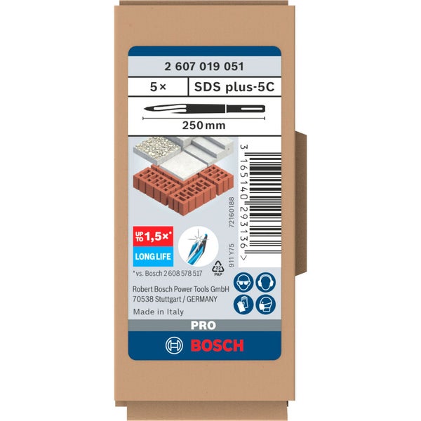 Bosch Hammerbohrer Set mit fünf SDS plus-5C Bohrern, 250 mm Länge