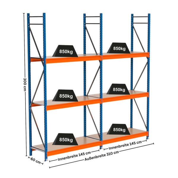 Schwerlastregal mit drei Ebenen, Traglast 850 Kilogramm pro Ebene