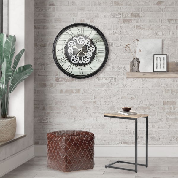 ECD Germany Große Wanduhr rund Ø 48 cm mit Römische Ziffern & beweglichen Zahnrädern, Schwarz, Dekorative Uhr MDF-Holz, Design Uhr Stil Industriell, Leisem Uhrwerk, geräuschlos, Analoge Dekor Wanduhr