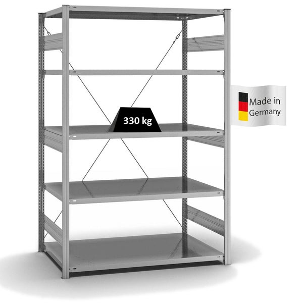 PROREGAL Fachbodenregal Stecksystem T-Profil Heavy-Duty Grundregal HxBxT 200 x 130 x 80 cm 5 Ebenen Fachlast 330 kg Einseitig Nutzbar Verzinkt