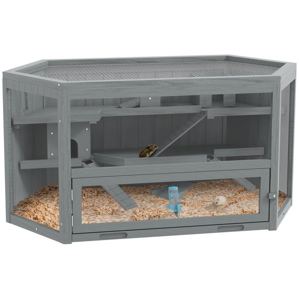 PawHut 3 Etagen Nagerkäfig, 6-eckig Kleintierkäfig, Kleintierhaus aus Holz, Mäusekäfig, Hamsterkäfig mit klappbarem Deckel, Sichtfenster, Rampe, 115 x 60 x 55 cm Grau