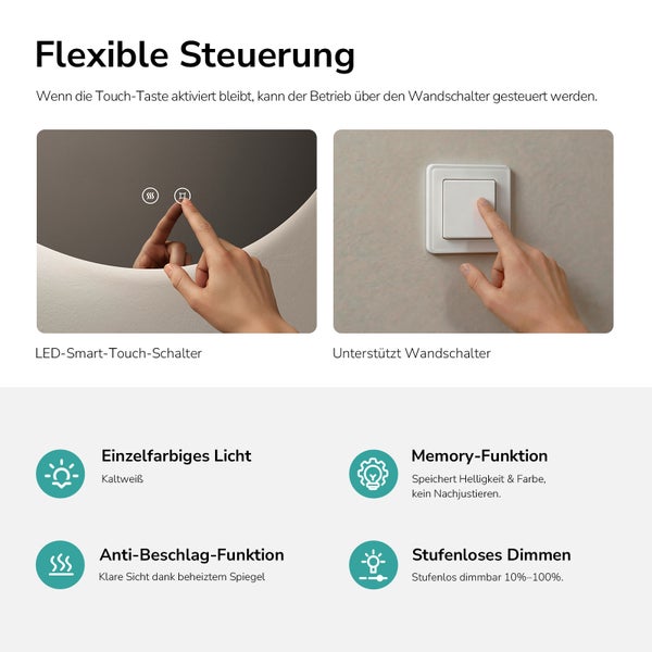 Infografik zu LED-Spiegel-Funktionen: Touch- und Wandschalter, kaltweißes Licht, Memory-Funktion, Anti-Beschlag-Heizung und stufenloses Dimmen.