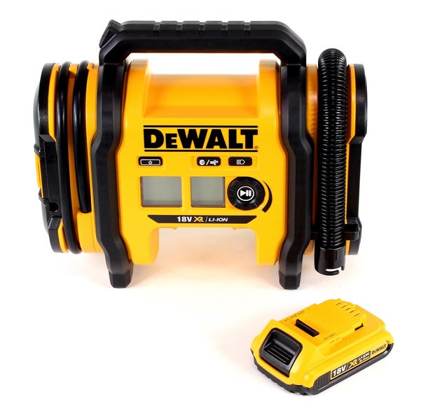 DeWalt Akku-Kompressor mit digitaler Anzeige, Tragegriff, Luftschlauch und einem separaten 18 Volt Lithium-Ionen-Akku.