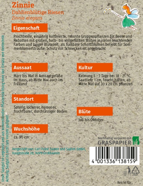 Rückseite einer Samentüte für Zinnia elegans mit Hinweisen zu Aussaat, Standort, Kultur und Blütezeit. Nachhaltig verpackt in Graspapier.