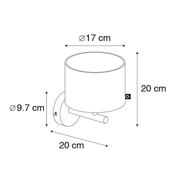 Maßzeichnung einer Wandleuchte: Schirmdurchmesser 17 Zentimeter, Höhe 20 Zentimeter, Tiefe 20 Zentimeter, Wandhalterung Durchmesser 9,7 Zentimeter.