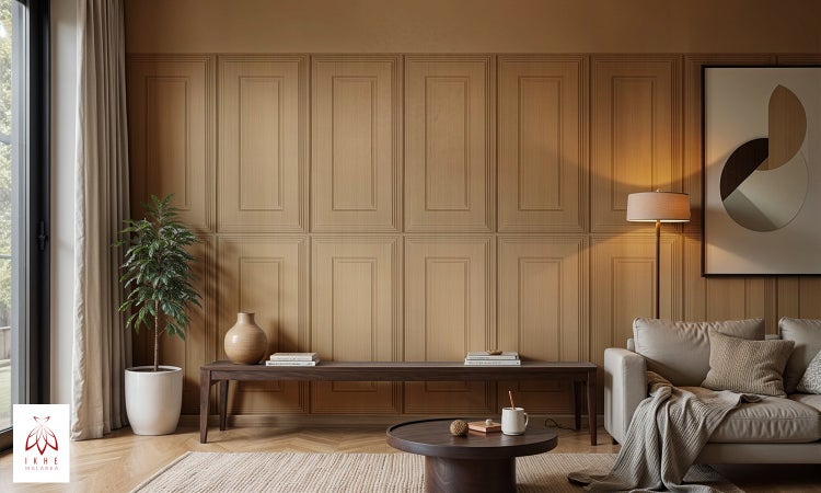 Wohnzimmer mit Holzpaneelen, Sofa und Dekorationen