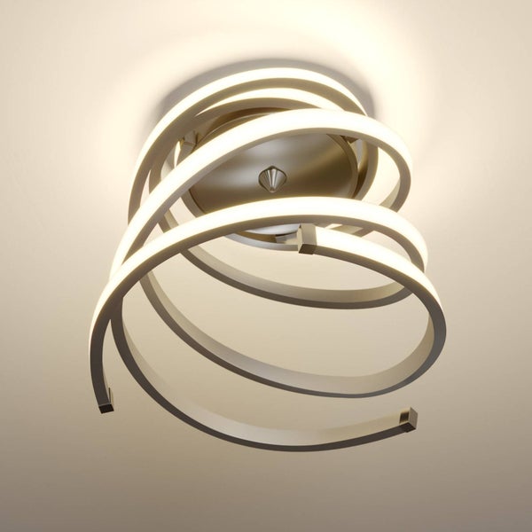 Moderne LED Deckenleuchte in Spiralform aus Metall und Kunststoff mit warmweißem Licht.