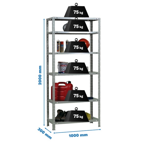 Metallregal mit 6 Fachböden, Tragkraft 75 Kilogramm pro Boden, Höhe 2000 Millimeter, Breite 1000 Millimeter, Tiefe 300 Millimeter.