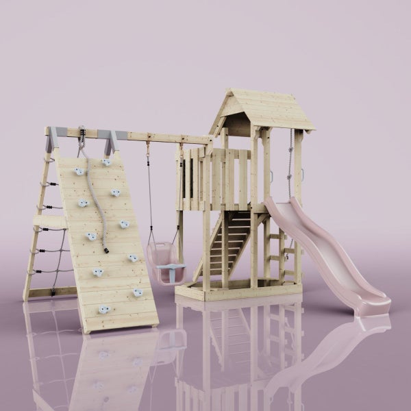 OutdoorToys Spielturm Farö aus Holz in Rosa Babyschaukel