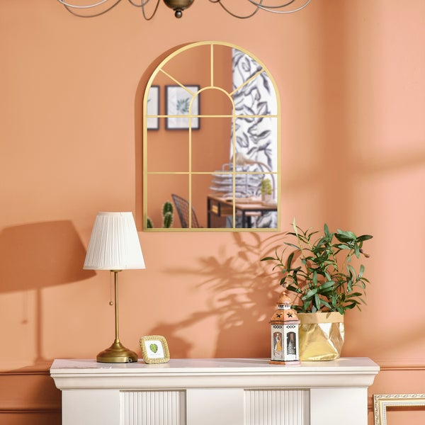 HOMCOM Wandspiegel Fensterspiegel 70 x 50cm Flurspiegel mit Metallrahmen Hängespiegel Dekospiegel Ganzkörperspiegel für Wohnzimmer Schlafzimmer Gold