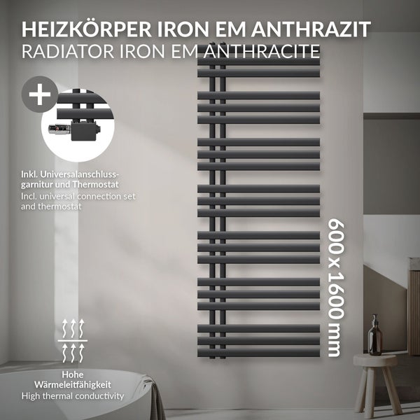 LuxeBath Badheizkörper Iron EM 600x1600mm Anthrazit Mittelanschluss Anschlussgarnitur Thermostat Universal Eck- und Durchgangsform, Design Heizkörper Handtuchwärmer Handtuchtrockner Handtuchheizkörper
