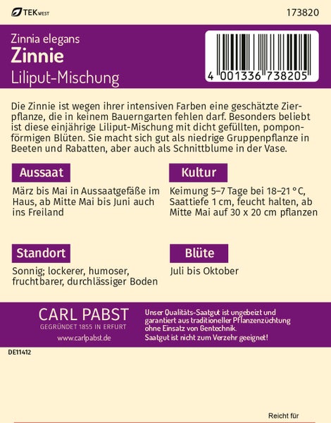 Rückseite der Samentüte Carl Pabst Zinnia elegans Zinnie Liliput-Mischung mit Informationen zu Aussaat, Standort, Blütezeit und Kultur.