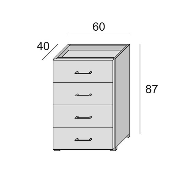 Zeichnung eines Schubladenschranks mit den Maßen 60 x 40 x 87 Zentimeter