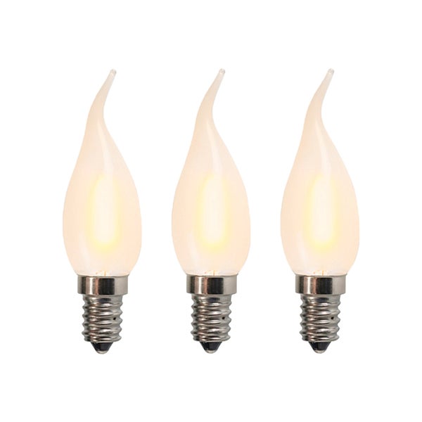 Drei LED-Leuchtmittel in Windstoßkerzenform, E14-Sockel, mattes Glas.