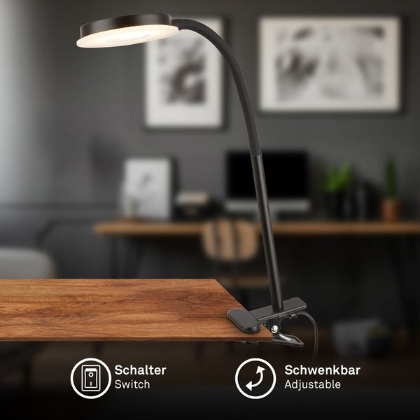 Schwarze LED-Klemmlampe mit flexiblem Arm und rundem Kopf, am Tisch befestigt, inklusive Schalter und schwenkbarer Funktion.