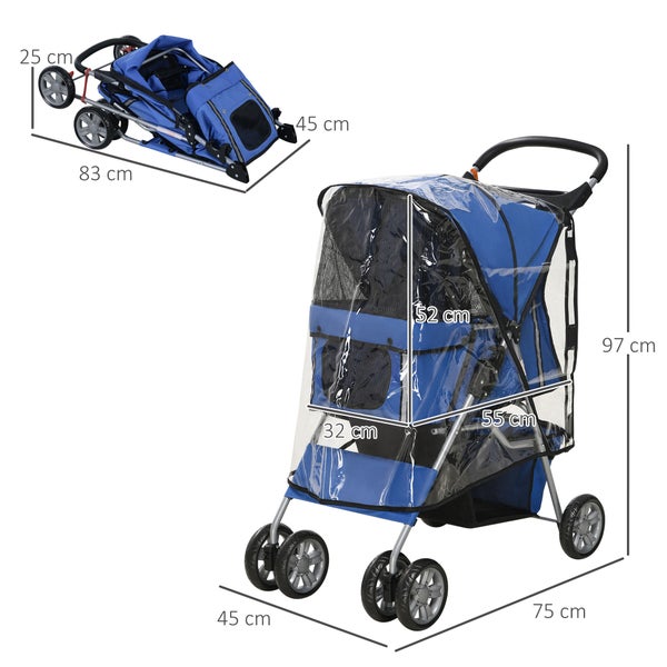 PawHut Hundebuggy, 75L x 45B x 97H cm, Oxfordstoff(100% Polyester), Stahl, Blau