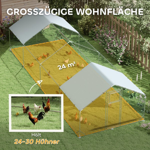 PawHut Hühnerstall Freilaufgehege aus Stahl, 300 x 800 x 195 cm Hühnerkäfig mit UV-beständiger Abdeckung, Futtertür, Hängefütterung, Sitzstange, Hühnergehege für 24-30 Hühner, Kleintiere, Silber