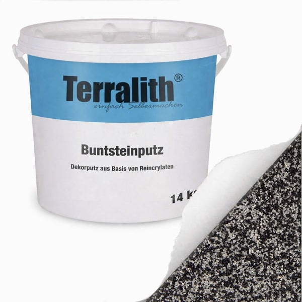 Terralith Buntsteinputz 14 Kilogramm Eimer mit Detailansicht der schwarz-weißen Körnung.