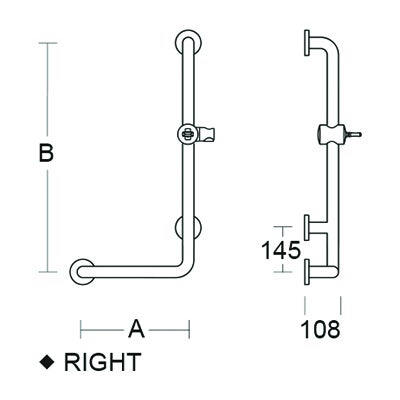Maßzeichnung Winkelgriff mit Brausehalter, rechte Ausführung, mit Angaben für Breite, Höhe, Tiefe 108 Millimeter und Montageabstand 145 Millimeter.