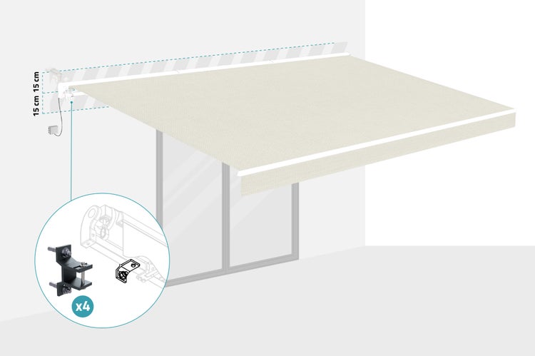 Detailansicht einer Markise mit vier Halterungen zur Wandmontage und Maßangaben.