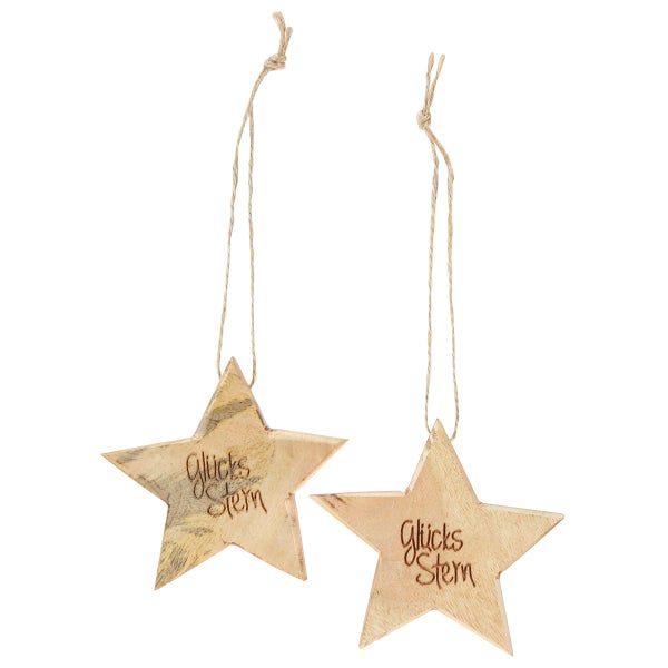 Zwei Holzsterne mit der Aufschrift 'Glücksstern' zum Aufhängen