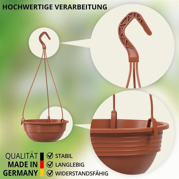 Hängeschale aus Kunststoff mit Aufhängung, detaillierte Ansicht des Aufhängers und des Topfrands, Made in Germany, stabil und langlebig.