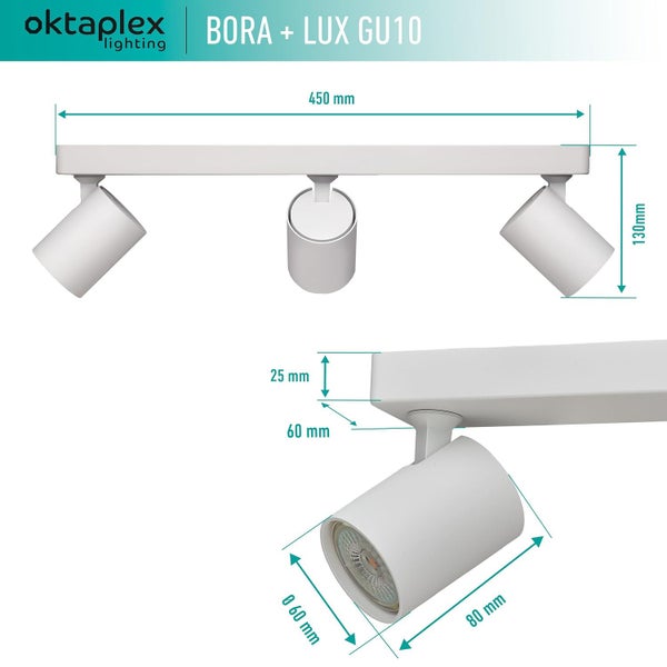 Bora Deckenstrahler 3-flammig GU10 LED Leuchtmittel 400lm 2700K warmweiß schwenkbar Spotbalken für Decken und Wände weiß