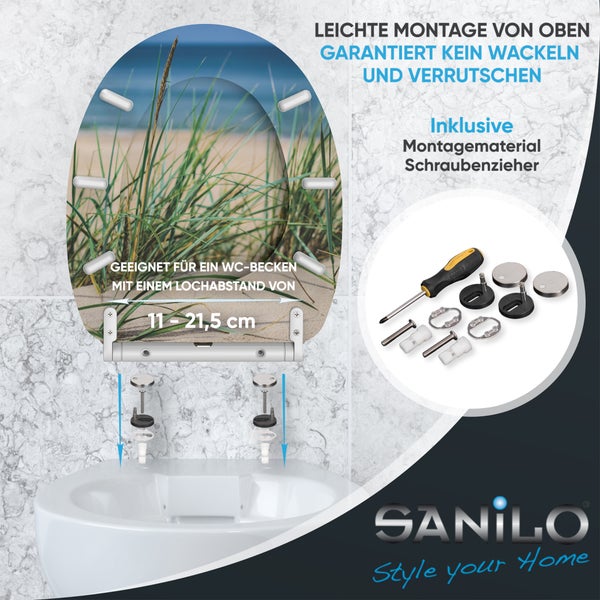 Sanilo WC-Sitz mit Strandmotiv und Befestigungsmaterial zur Montage von oben für WC-Becken mit einem Lochabstand von 11 bis 21,5 Zentimeter.