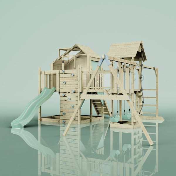 Spielplatz mit Rutsche, Schaukeln, Kletterwand und Spielhaus aus Holz