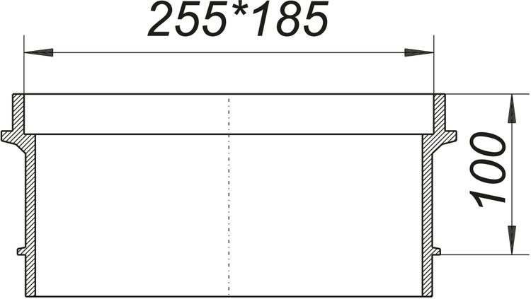 Technische Zeichnung eines Bauteils mit den Maßen 255 mal 185 und einer Höhe von 100.