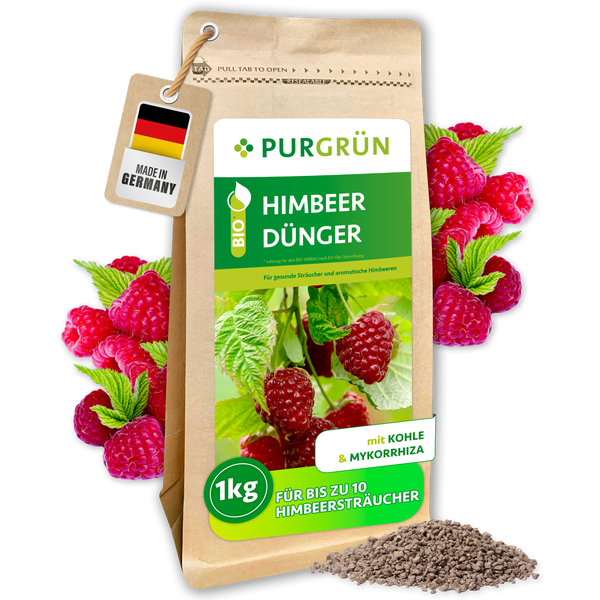 Purgrün Bio Himbeerdünger in einer 1 Kilogramm Packung mit Holzkohle und Mykorrhiza für gesunde Himbeersträucher Made in Germany